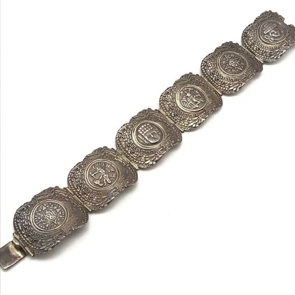 Vintage EME MEXICO 925 Sterling Silver Mayan Face Panel Link Bracelet 7" - Picture 2 of 12